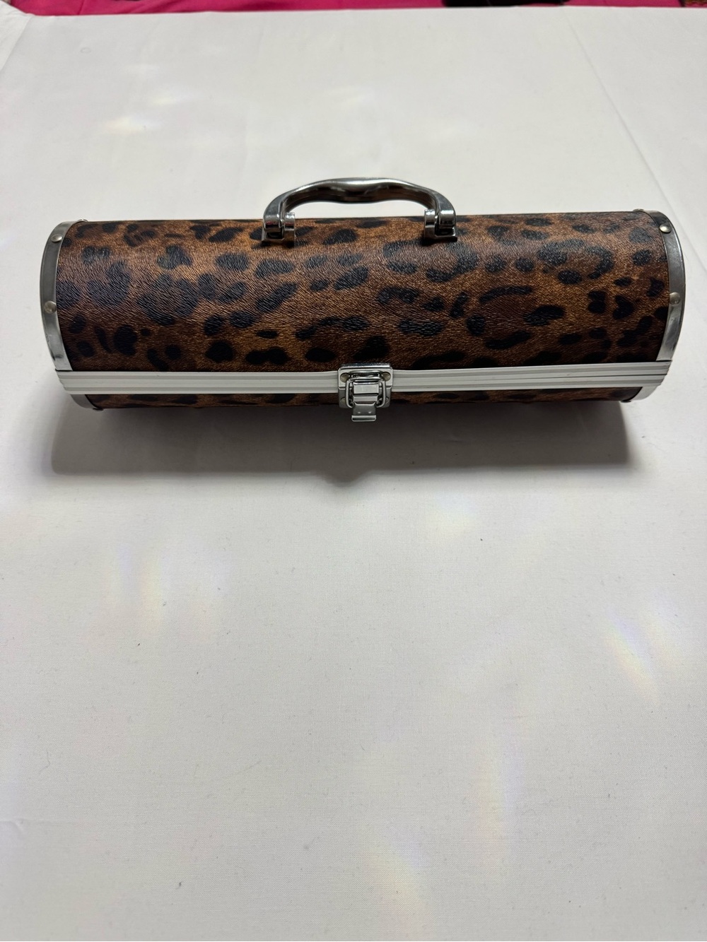 Leopard Print Barrel Clutch Handbag - Brown